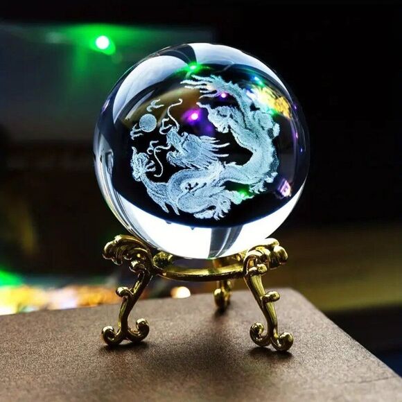 Chinese Dragon Crystal Glass Ball - Auspicious Home Decor, Metal Stand Included - Picture 1 of 2